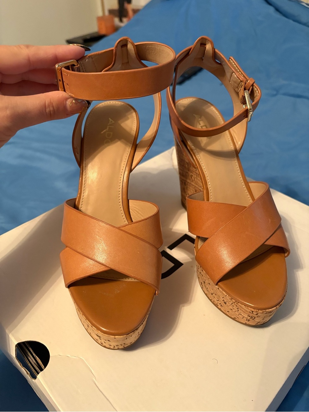 ALDO Cognac Leather Cork Wedge Sandals with Ankle Strap